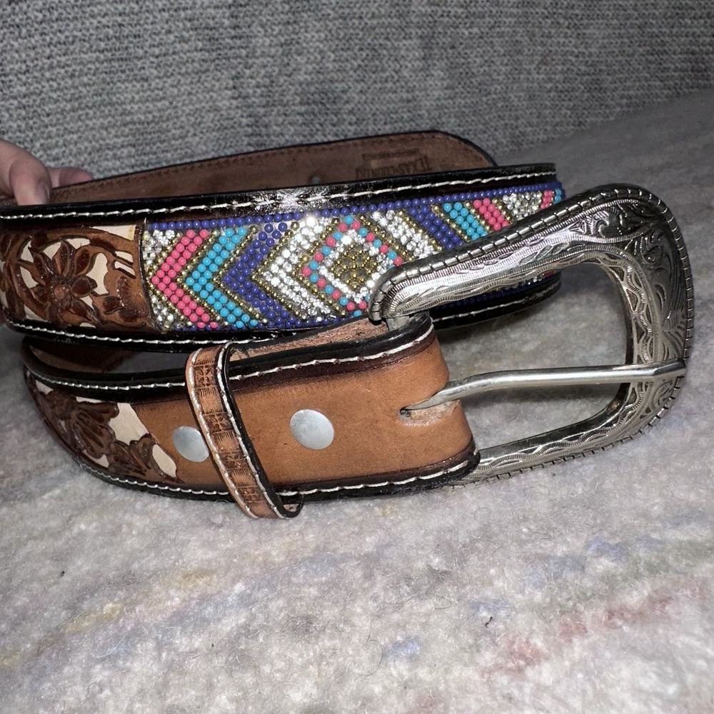 100% Leather Cowboy Cowgirl Belt Hand Tooled Beaded Western Belt Cinto Size 38